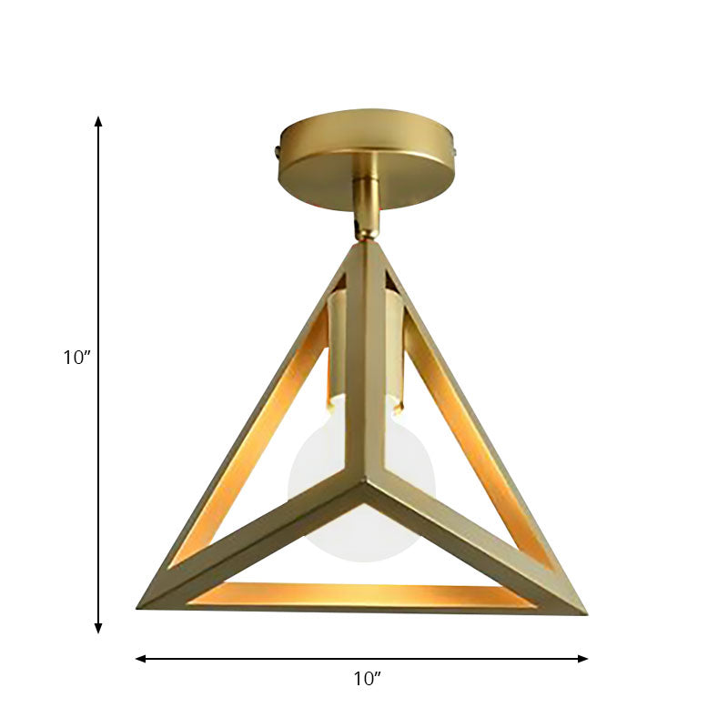 Global/Triangle Metallic Semi Flush Mount Light with Wire Frame Industrial 1 Head Bedroom Ceiling Lamp in Brass Clearhalo 'Ceiling Lights' 'Close To Ceiling Lights' 'Close to ceiling' 'Semi-flushmount' Lighting' 168098