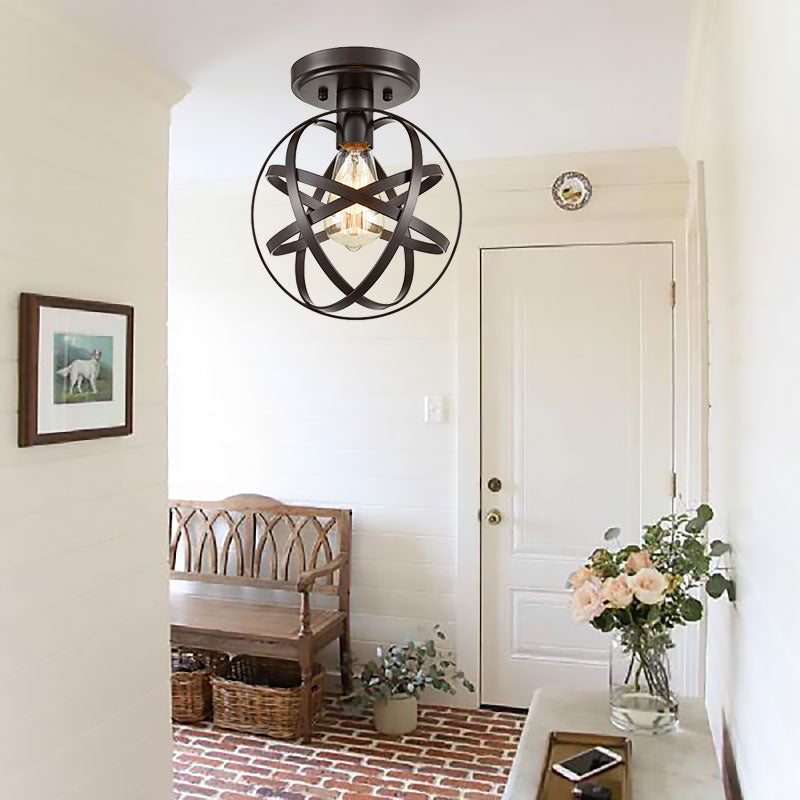 Iron Bronze Ceiling Light Fixture Strap Globe 1 Head Retro Stylish Semi Flush Mount Lighting for Hallway Black Clearhalo 'Ceiling Lights' 'Close To Ceiling Lights' 'Close to ceiling' 'Semi-flushmount' Lighting' 168099