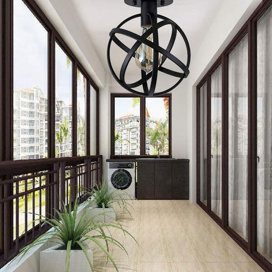 Retro Stylish Orb Cage Ceiling Fixture 1 Bulb Metallic Semi Flush Pendant Light in Black for Balcony Black Clearhalo 'Ceiling Lights' 'Close To Ceiling Lights' 'Close to ceiling' 'Semi-flushmount' Lighting' 168126