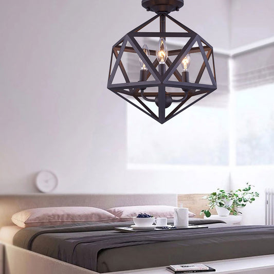 Prism Cage Metallic Semi Flush Light Fixture Industrial Style 3 Bulbs Corridor Ceiling Lamp in Bronze Bronze Clearhalo 'Ceiling Lights' 'Close To Ceiling Lights' 'Close to ceiling' 'Semi-flushmount' Lighting' 168152