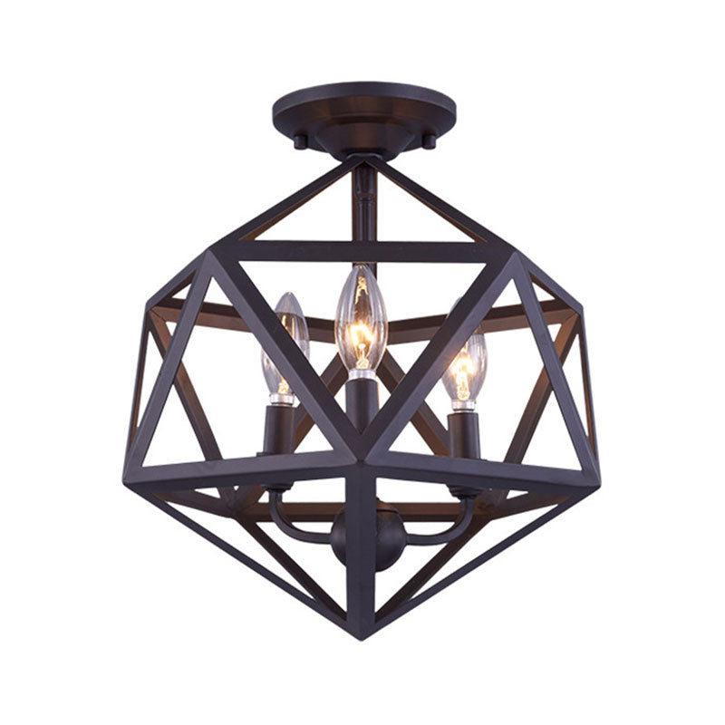 Prism Cage Metallic Semi Flush Light Fixture Industrial Style 3 Bulbs Corridor Ceiling Lamp in Bronze Clearhalo 'Ceiling Lights' 'Close To Ceiling Lights' 'Close to ceiling' 'Semi-flushmount' Lighting' 168154