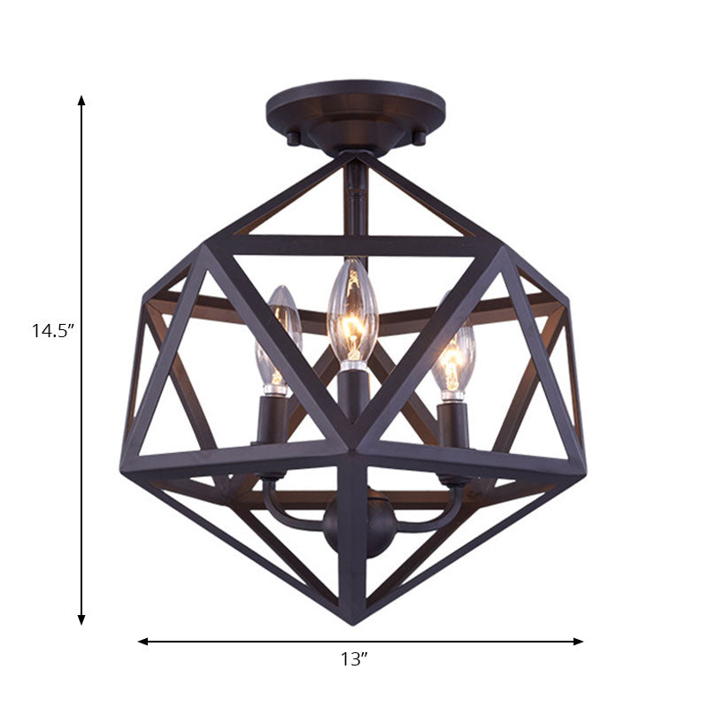 Prism Cage Metallic Semi Flush Light Fixture Industrial Style 3 Bulbs Corridor Ceiling Lamp in Bronze Clearhalo 'Ceiling Lights' 'Close To Ceiling Lights' 'Close to ceiling' 'Semi-flushmount' Lighting' 168155