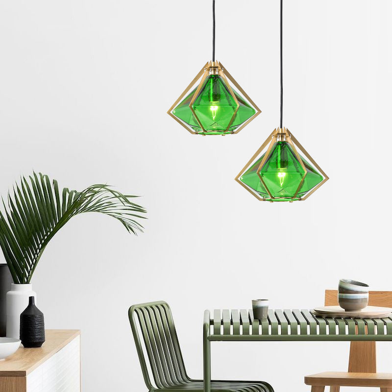 Diamond Pendant Lighting Modern Glass 1 Light Green/Clear/Textured White Hanging Pendant Light with Stout/Linear/Bell Metal Cage Clearhalo 'Ceiling Lights' 'Glass shade' 'Glass' 'Modern Pendants' 'Modern' 'Pendant Lights' 'Pendants' Lighting' 168253