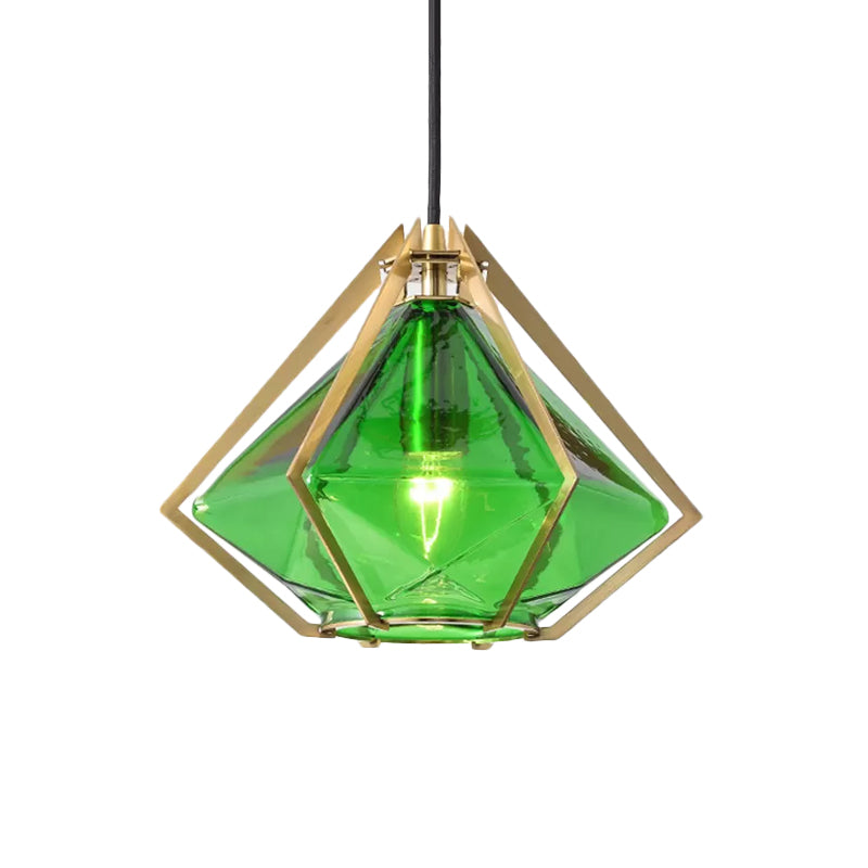 Diamond Pendant Lighting Modern Glass 1 Light Green/Clear/Textured White Hanging Pendant Light with Stout/Linear/Bell Metal Cage Clearhalo 'Ceiling Lights' 'Glass shade' 'Glass' 'Modern Pendants' 'Modern' 'Pendant Lights' 'Pendants' Lighting' 168255