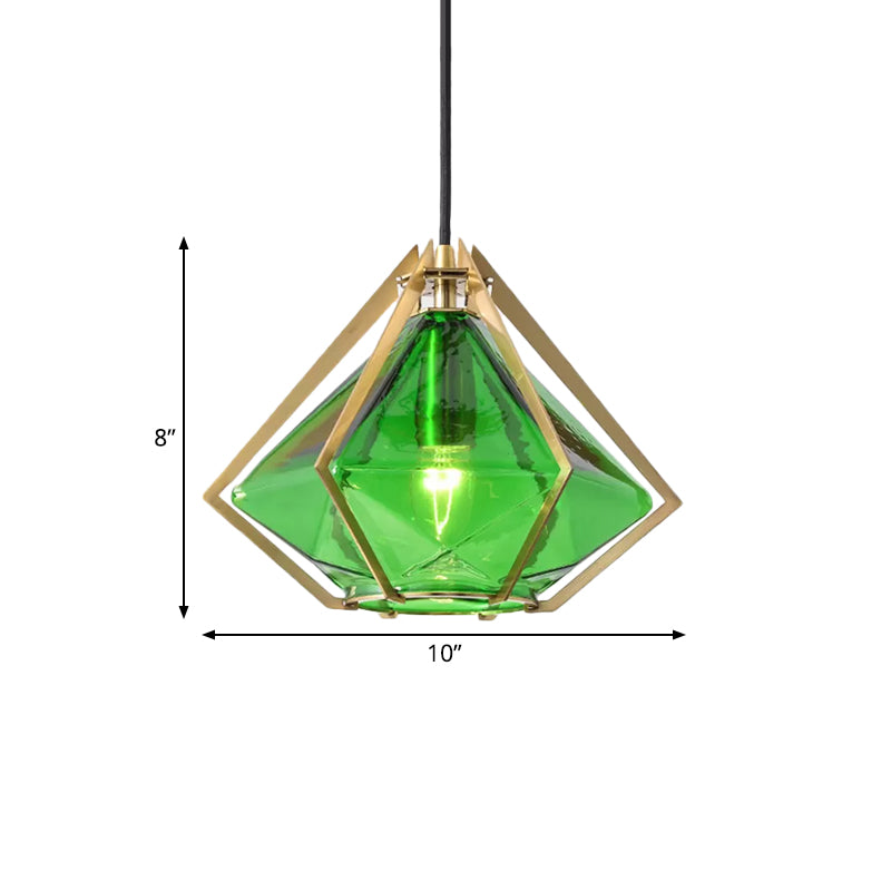 Diamond Pendant Lighting Modern Glass 1 Light Green/Clear/Textured White Hanging Pendant Light with Stout/Linear/Bell Metal Cage Clearhalo 'Ceiling Lights' 'Glass shade' 'Glass' 'Modern Pendants' 'Modern' 'Pendant Lights' 'Pendants' Lighting' 168256