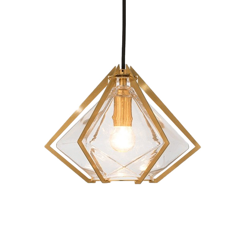 Diamond Pendant Lighting Modern Glass 1 Light Green/Clear/Textured White Hanging Pendant Light with Stout/Linear/Bell Metal Cage Clearhalo 'Ceiling Lights' 'Glass shade' 'Glass' 'Modern Pendants' 'Modern' 'Pendant Lights' 'Pendants' Lighting' 168258