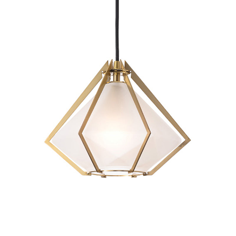 Diamond Pendant Lighting Modern Glass 1 Light Green/Clear/Textured White Hanging Pendant Light with Stout/Linear/Bell Metal Cage Clearhalo 'Ceiling Lights' 'Glass shade' 'Glass' 'Modern Pendants' 'Modern' 'Pendant Lights' 'Pendants' Lighting' 168260