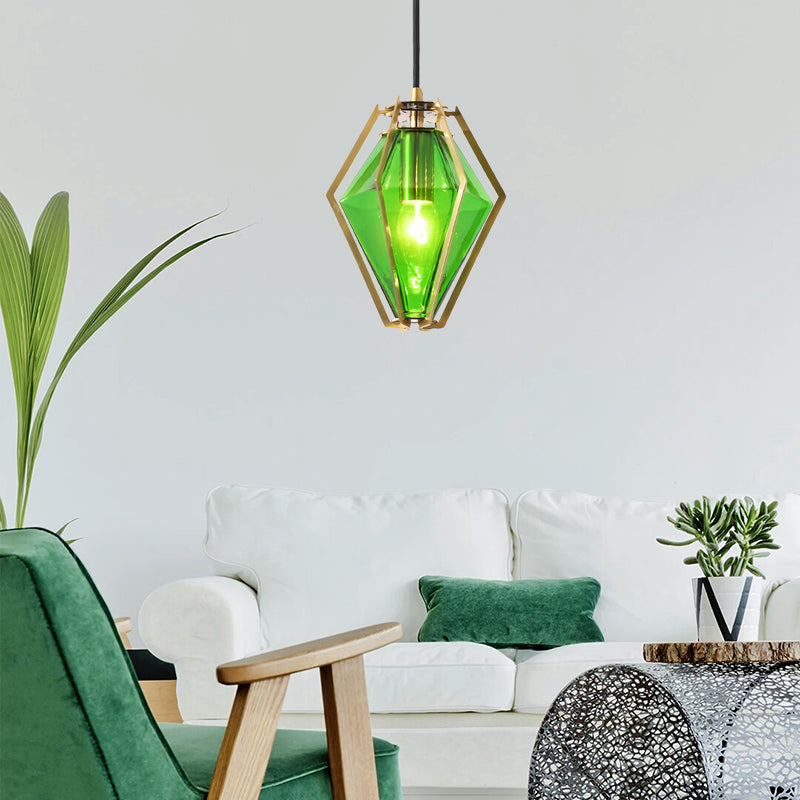 Diamond Pendant Lighting Modern Glass 1 Light Green/Clear/Textured White Hanging Pendant Light with Stout/Linear/Bell Metal Cage Clearhalo 'Ceiling Lights' 'Glass shade' 'Glass' 'Modern Pendants' 'Modern' 'Pendant Lights' 'Pendants' Lighting' 168262