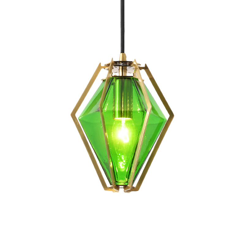 Diamond Pendant Lighting Modern Glass 1 Light Green/Clear/Textured White Hanging Pendant Light with Stout/Linear/Bell Metal Cage Clearhalo 'Ceiling Lights' 'Glass shade' 'Glass' 'Modern Pendants' 'Modern' 'Pendant Lights' 'Pendants' Lighting' 168263