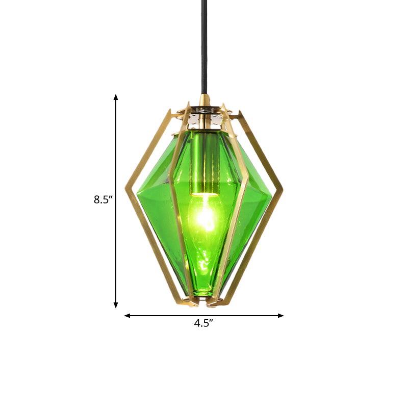 Diamond Pendant Lighting Modern Glass 1 Light Green/Clear/Textured White Hanging Pendant Light with Stout/Linear/Bell Metal Cage Clearhalo 'Ceiling Lights' 'Glass shade' 'Glass' 'Modern Pendants' 'Modern' 'Pendant Lights' 'Pendants' Lighting' 168264