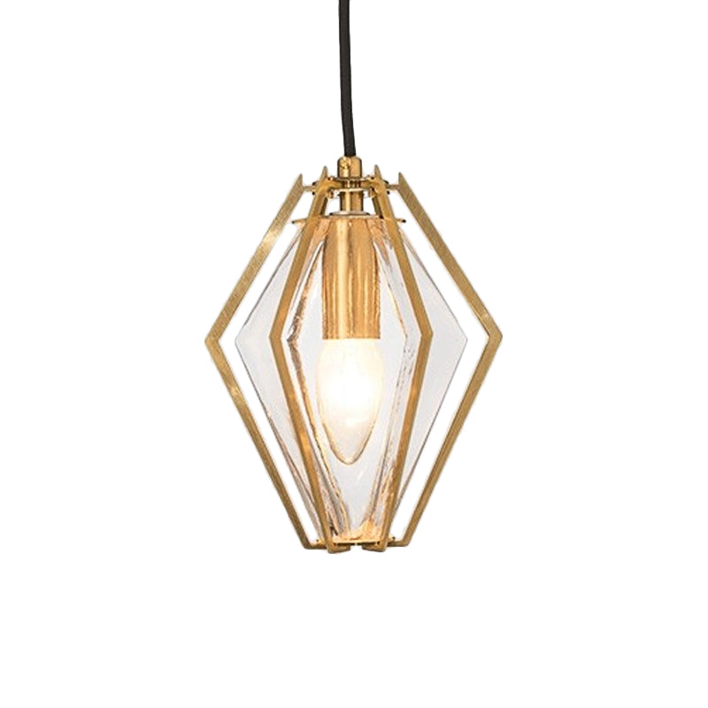 Diamond Pendant Lighting Modern Glass 1 Light Green/Clear/Textured White Hanging Pendant Light with Stout/Linear/Bell Metal Cage Clearhalo 'Ceiling Lights' 'Glass shade' 'Glass' 'Modern Pendants' 'Modern' 'Pendant Lights' 'Pendants' Lighting' 168266