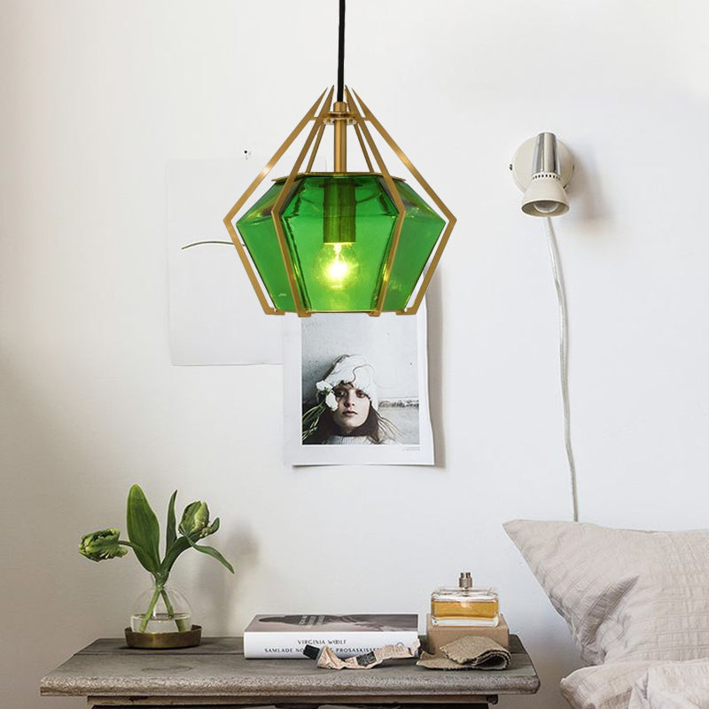 Diamond Pendant Lighting Modern Glass 1 Light Green/Clear/Textured White Hanging Pendant Light with Stout/Linear/Bell Metal Cage Clearhalo 'Ceiling Lights' 'Glass shade' 'Glass' 'Modern Pendants' 'Modern' 'Pendant Lights' 'Pendants' Lighting' 168271