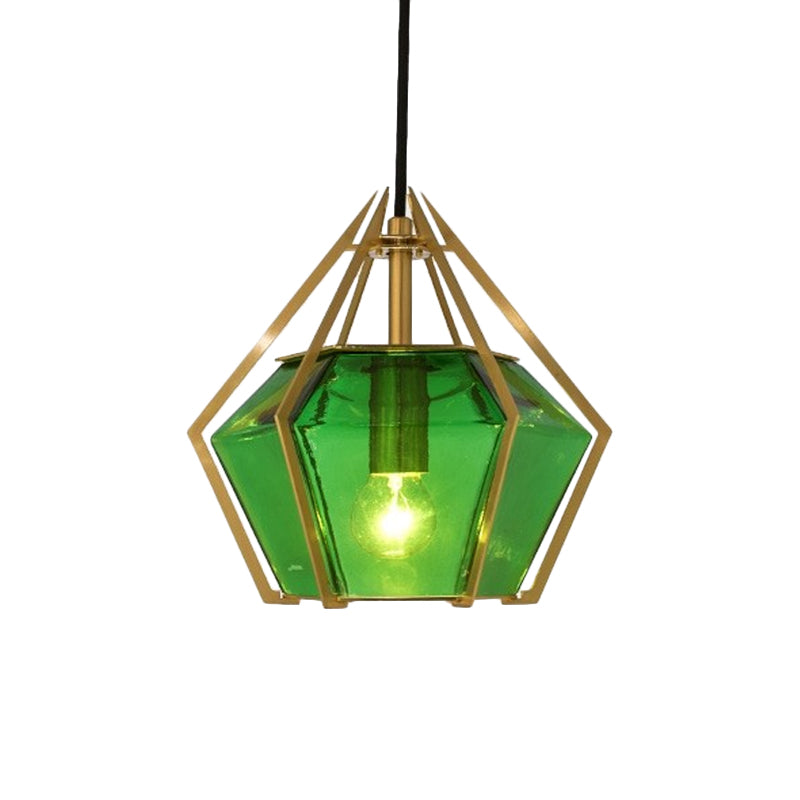 Diamond Pendant Lighting Modern Glass 1 Light Green/Clear/Textured White Hanging Pendant Light with Stout/Linear/Bell Metal Cage Clearhalo 'Ceiling Lights' 'Glass shade' 'Glass' 'Modern Pendants' 'Modern' 'Pendant Lights' 'Pendants' Lighting' 168272