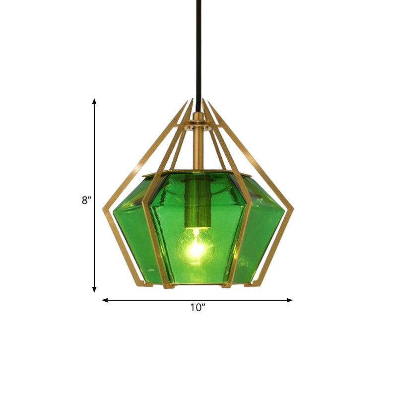 Diamond Pendant Lighting Modern Glass 1 Light Green/Clear/Textured White Hanging Pendant Light with Stout/Linear/Bell Metal Cage Clearhalo 'Ceiling Lights' 'Glass shade' 'Glass' 'Modern Pendants' 'Modern' 'Pendant Lights' 'Pendants' Lighting' 168273