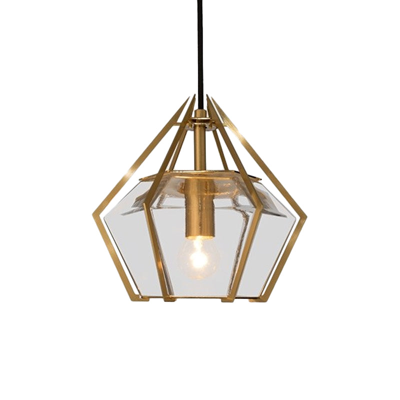 Diamond Pendant Lighting Modern Glass 1 Light Green/Clear/Textured White Hanging Pendant Light with Stout/Linear/Bell Metal Cage Clearhalo 'Ceiling Lights' 'Glass shade' 'Glass' 'Modern Pendants' 'Modern' 'Pendant Lights' 'Pendants' Lighting' 168276