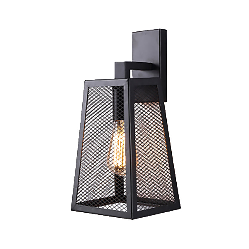 Black Mesh Cage Sconce Lamp with Trapezoid Shade Farmhouse Style Metal 1 Light Indoor Wall Sconce Light Black Clearhalo 'Art deco wall lights' 'Cast Iron' 'Glass' 'Industrial wall lights' 'Industrial' 'Middle century wall lights' 'Modern' 'Rustic wall lights' 'Tiffany' 'Traditional wall lights' 'Wall Lamps & Sconces' 'Wall Lights' Lighting' 168320