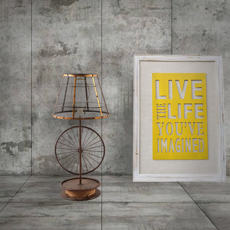 Lodge Stylish Mesh Cone Shade Table Lamp 1 Bulb Iron Desk Light with Wheel Deco in Bronze for Indoor Clearhalo 'Lamps' 'Table Lamps' Lighting' 168322