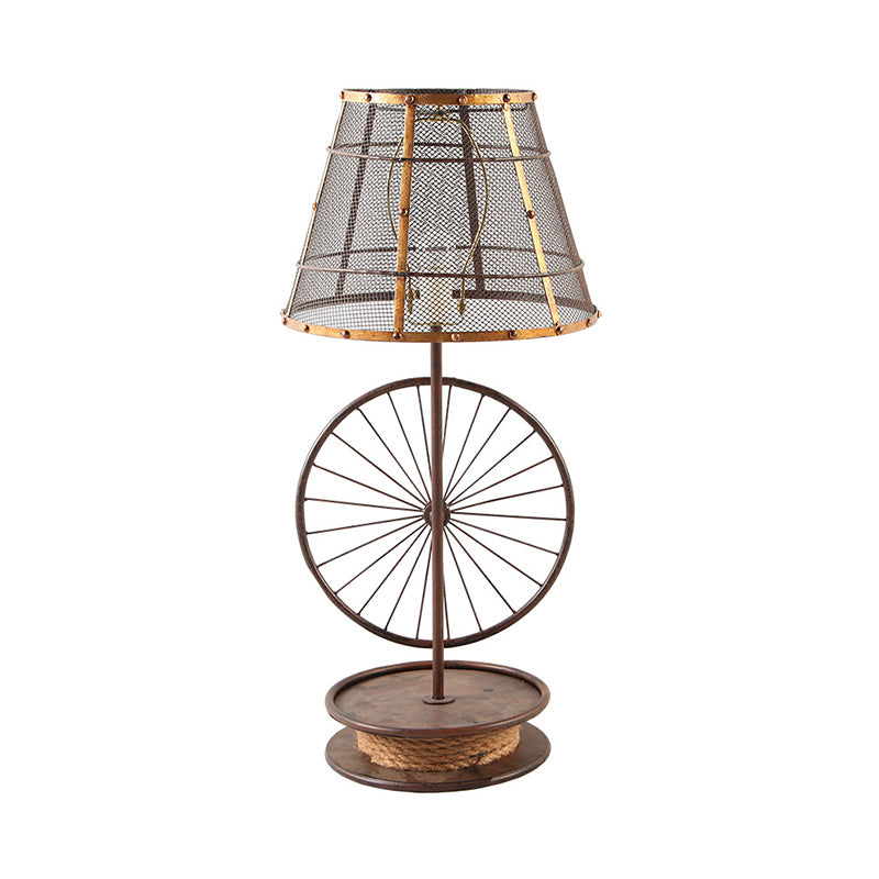 Lodge Stylish Mesh Cone Shade Table Lamp 1 Bulb Iron Desk Light with Wheel Deco in Bronze for Indoor Bronze Clearhalo 'Lamps' 'Table Lamps' Lighting' 168324