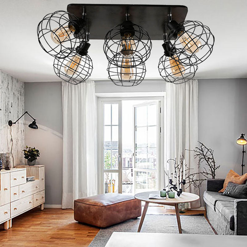 Global Cage Metal Semi Flush Mount Ceiling Light Industrial Style 4/6 Lights Dining Room Ceiling Light in Black 6 Black Clearhalo 'Ceiling Lights' 'Close To Ceiling Lights' 'Close to ceiling' 'Semi-flushmount' Lighting' 168403