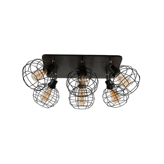 Global Cage Metal Semi Flush Mount Ceiling Light Industrial Style 4/6 Lights Dining Room Ceiling Light in Black Clearhalo 'Ceiling Lights' 'Close To Ceiling Lights' 'Close to ceiling' 'Semi-flushmount' Lighting' 168405