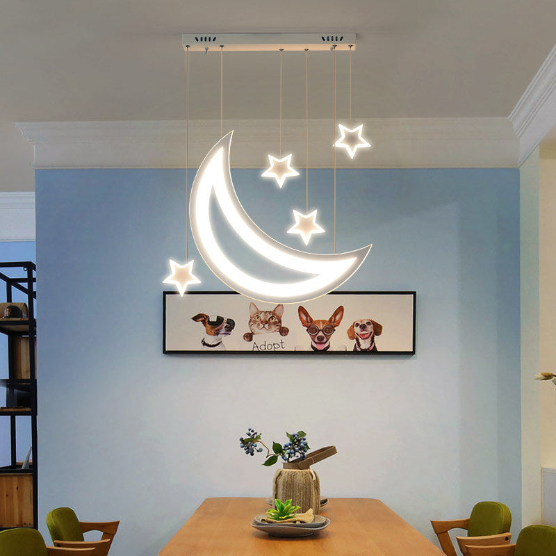 Moon and Stars Ceiling Light Modern Acrylic LED 5/9 Lights Dining Room Island Pendant over Table in Warm/White Light 5 White White Clearhalo 'Ceiling Lights' 'Modern Pendants' 'Modern' 'Pendant Lights' 'Pendants' Lighting' 168710