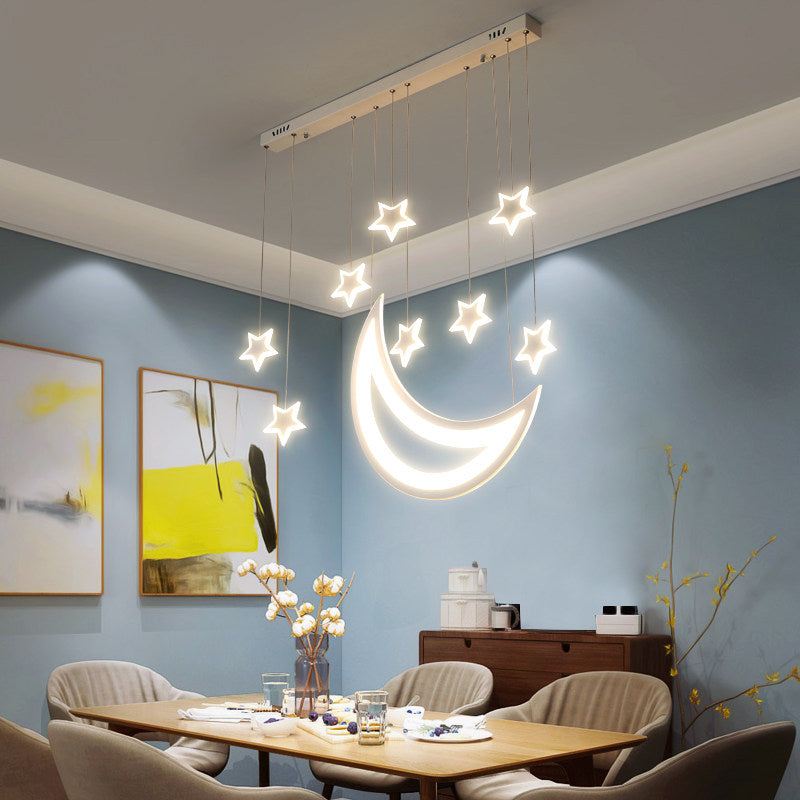 Moon and Stars Ceiling Light Modern Acrylic LED 5/9 Lights Dining Room Island Pendant over Table in Warm/White Light 9 White Clearhalo 'Ceiling Lights' 'Modern Pendants' 'Modern' 'Pendant Lights' 'Pendants' Lighting' 168714