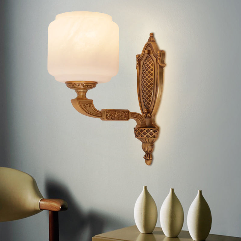 Brass 1 Bulb Wall Lighting Fixture Country Opal Glass Lantern Shaped Wall Light Sconce Brass Clearhalo 'Wall Lamps & Sconces' 'Wall Lights' Lighting' 1687503