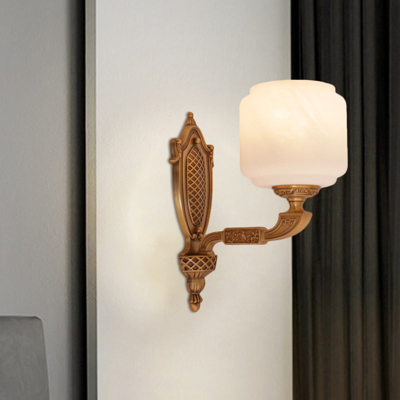 Brass 1 Bulb Wall Lighting Fixture Country Opal Glass Lantern Shaped Wall Light Sconce Clearhalo 'Wall Lamps & Sconces' 'Wall Lights' Lighting' 1687504