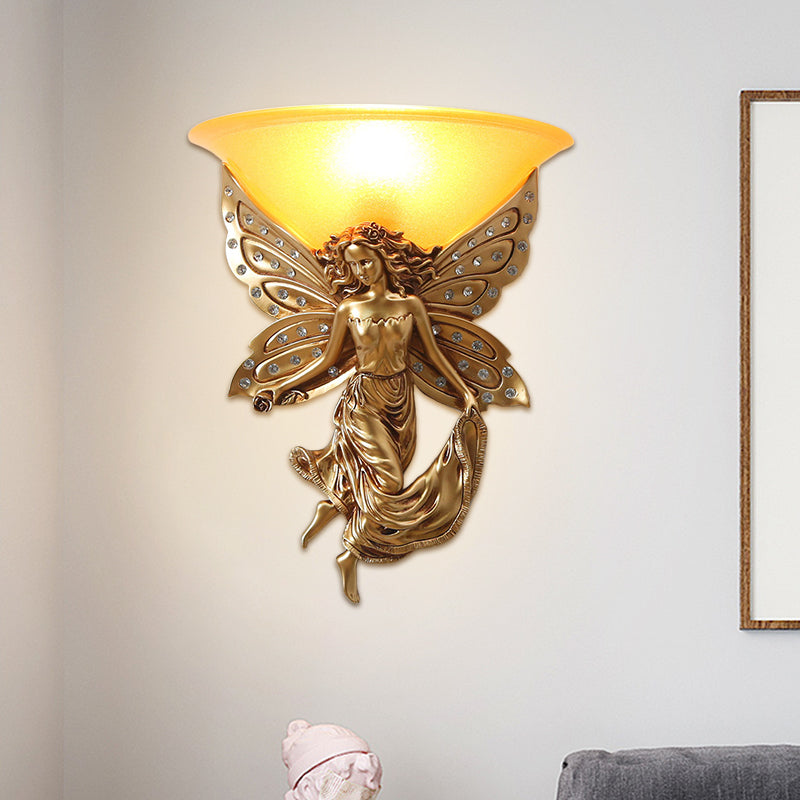 1 Light Wall Lighting Ideas Country Half-Bowl Opal Glass Wall Sconce in White/Gold with Right/Left Resin Angel Gold Right Clearhalo 'Wall Lamps & Sconces' 'Wall Lights' Lighting' 1687516