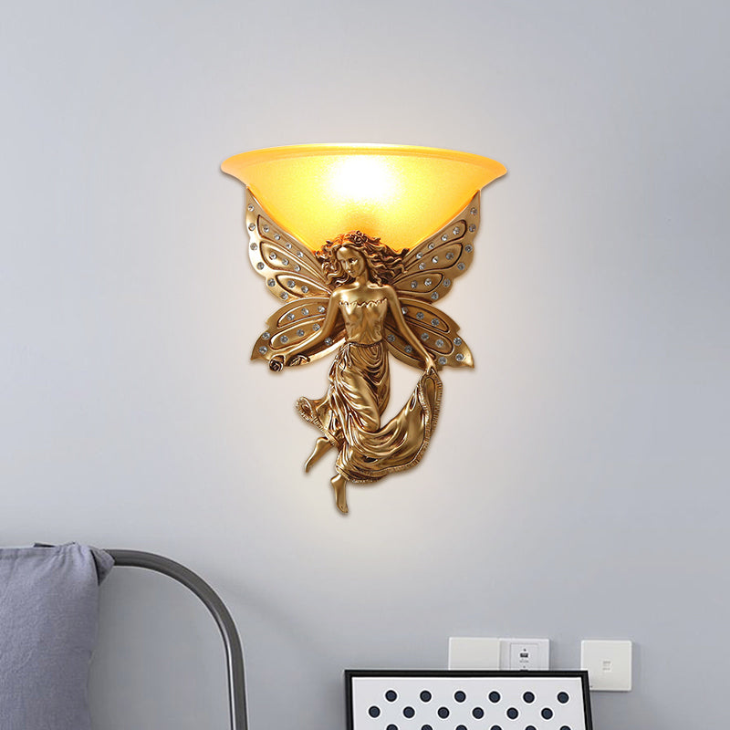 1 Light Wall Lighting Ideas Country Half-Bowl Opal Glass Wall Sconce in White/Gold with Right/Left Resin Angel Clearhalo 'Wall Lamps & Sconces' 'Wall Lights' Lighting' 1687517