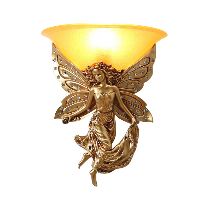 1 Light Wall Lighting Ideas Country Half-Bowl Opal Glass Wall Sconce in White/Gold with Right/Left Resin Angel Clearhalo 'Wall Lamps & Sconces' 'Wall Lights' Lighting' 1687518