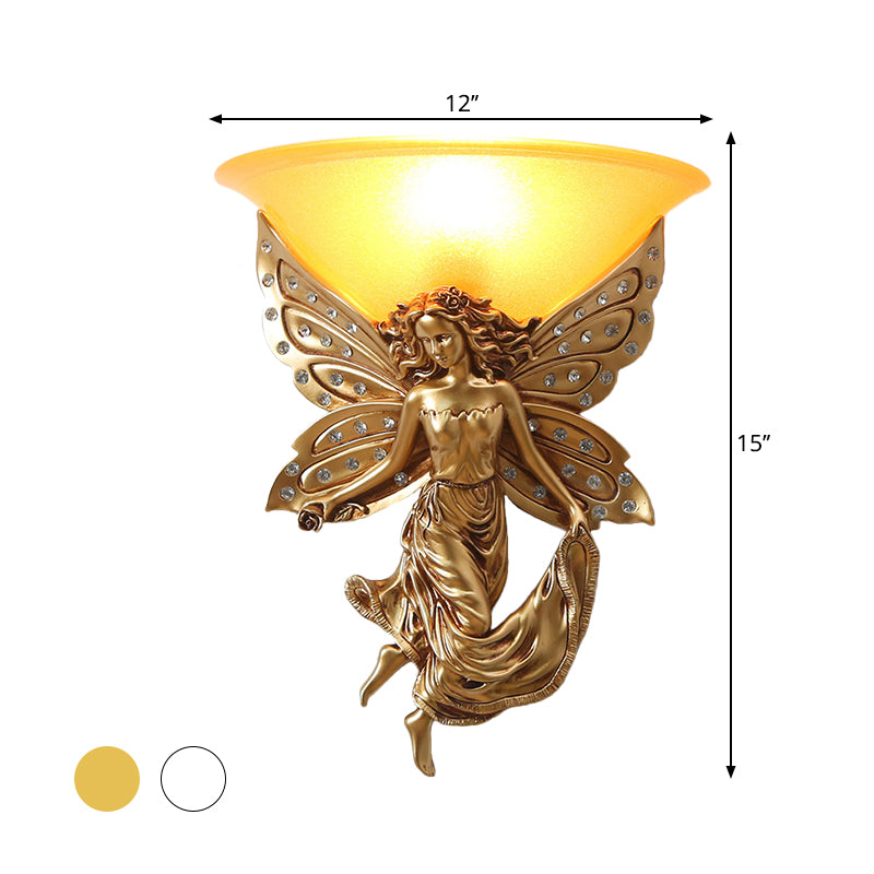 1 Light Wall Lighting Ideas Country Half-Bowl Opal Glass Wall Sconce in White/Gold with Right/Left Resin Angel Clearhalo 'Wall Lamps & Sconces' 'Wall Lights' Lighting' 1687519