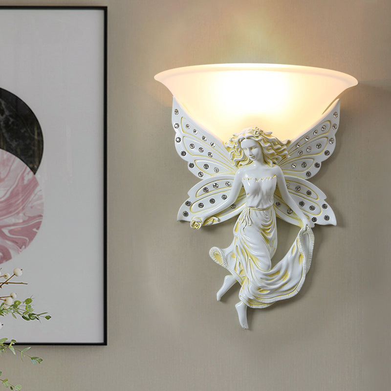 1 Light Wall Lighting Ideas Country Half-Bowl Opal Glass Wall Sconce in White/Gold with Right/Left Resin Angel White Right Clearhalo 'Wall Lamps & Sconces' 'Wall Lights' Lighting' 1687520