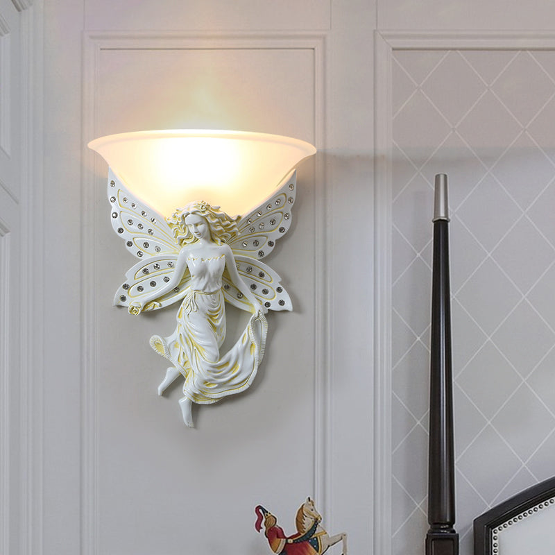 1 Light Wall Lighting Ideas Country Half-Bowl Opal Glass Wall Sconce in White/Gold with Right/Left Resin Angel Clearhalo 'Wall Lamps & Sconces' 'Wall Lights' Lighting' 1687521