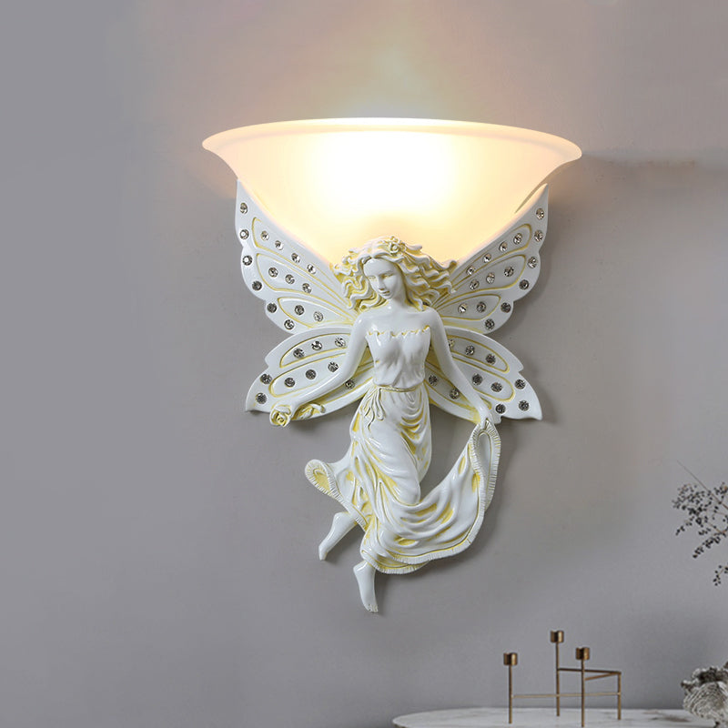 1 Light Wall Lighting Ideas Country Half-Bowl Opal Glass Wall Sconce in White/Gold with Right/Left Resin Angel Clearhalo 'Wall Lamps & Sconces' 'Wall Lights' Lighting' 1687522