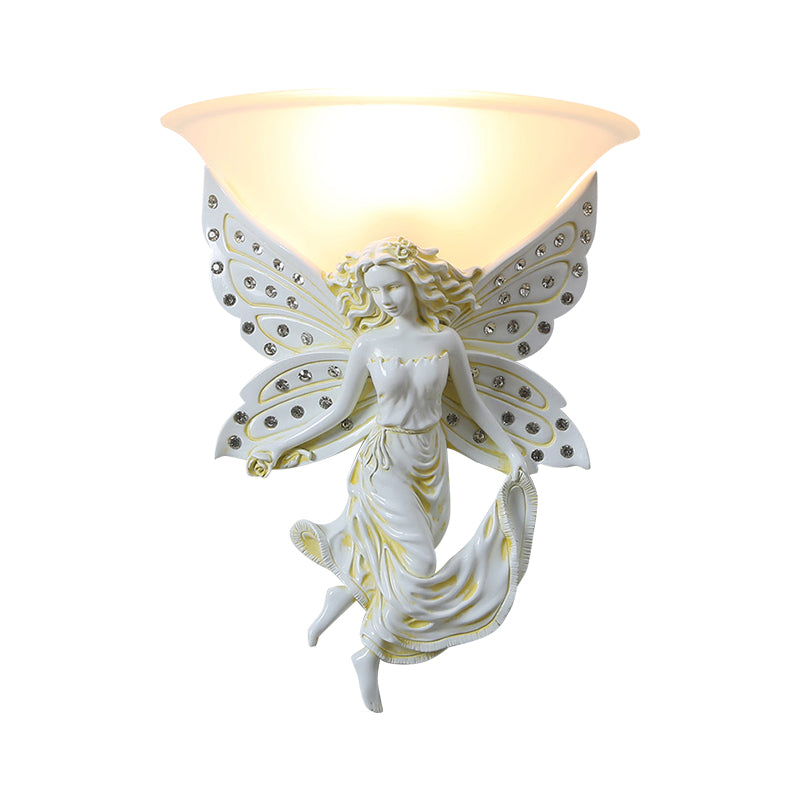 1 Light Wall Lighting Ideas Country Half-Bowl Opal Glass Wall Sconce in White/Gold with Right/Left Resin Angel Clearhalo 'Wall Lamps & Sconces' 'Wall Lights' Lighting' 1687523