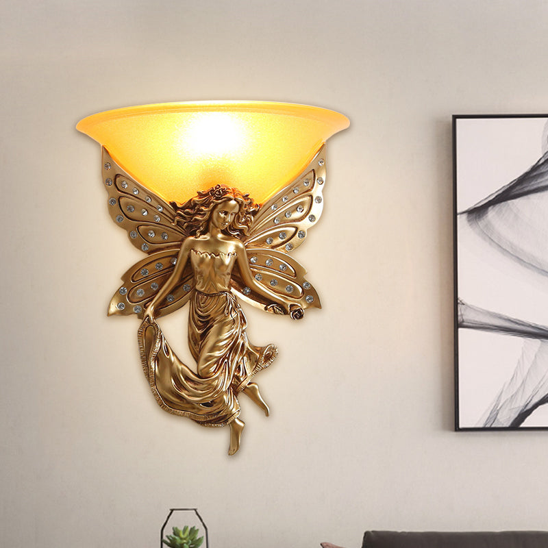 1 Light Wall Lighting Ideas Country Half-Bowl Opal Glass Wall Sconce in White/Gold with Right/Left Resin Angel Gold Left Clearhalo 'Wall Lamps & Sconces' 'Wall Lights' Lighting' 1687524