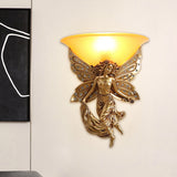 1 Light Wall Lighting Ideas Country Half-Bowl Opal Glass Wall Sconce in White/Gold with Right/Left Resin Angel Clearhalo 'Wall Lamps & Sconces' 'Wall Lights' Lighting' 1687526