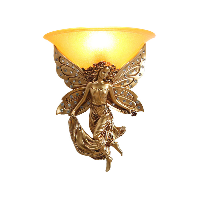 1 Light Wall Lighting Ideas Country Half-Bowl Opal Glass Wall Sconce in White/Gold with Right/Left Resin Angel Clearhalo 'Wall Lamps & Sconces' 'Wall Lights' Lighting' 1687527