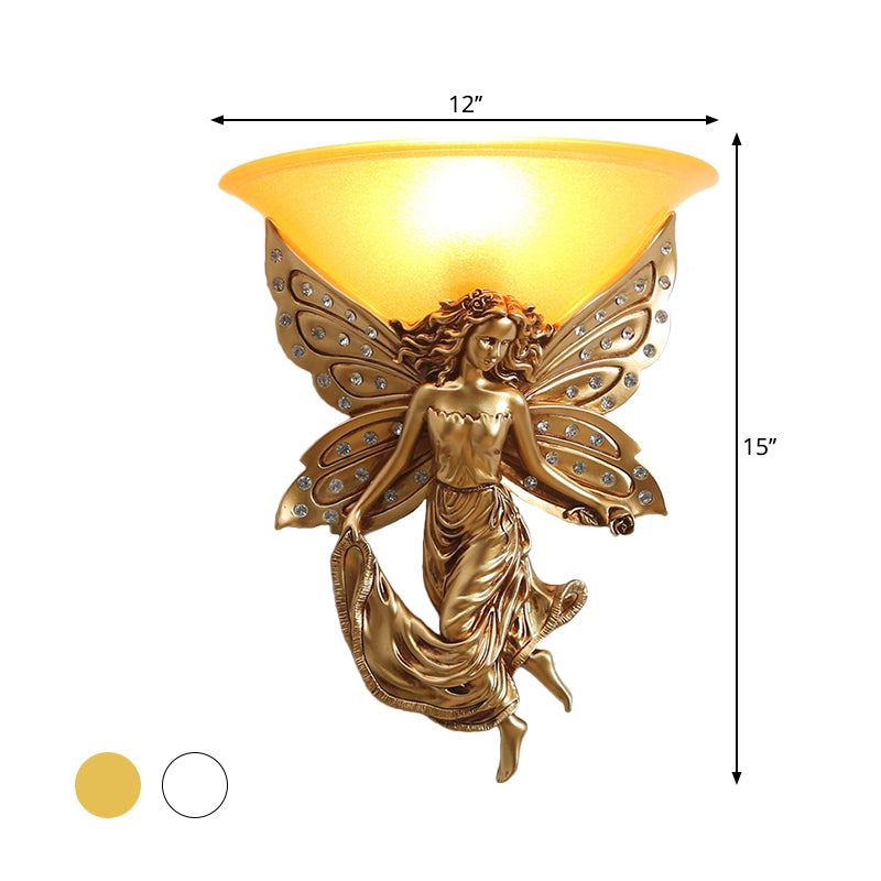 1 Light Wall Lighting Ideas Country Half-Bowl Opal Glass Wall Sconce in White/Gold with Right/Left Resin Angel Clearhalo 'Wall Lamps & Sconces' 'Wall Lights' Lighting' 1687528