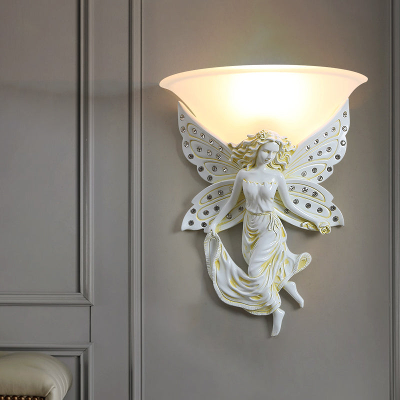 1 Light Wall Lighting Ideas Country Half-Bowl Opal Glass Wall Sconce in White/Gold with Right/Left Resin Angel White Left Clearhalo 'Wall Lamps & Sconces' 'Wall Lights' Lighting' 1687529