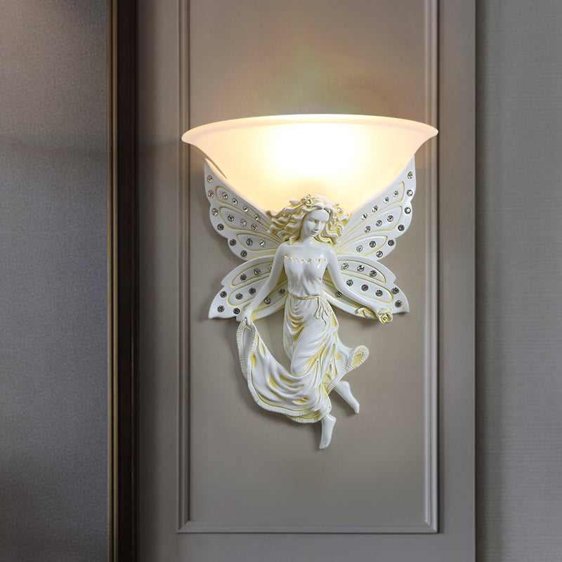 1 Light Wall Lighting Ideas Country Half-Bowl Opal Glass Wall Sconce in White/Gold with Right/Left Resin Angel Clearhalo 'Wall Lamps & Sconces' 'Wall Lights' Lighting' 1687530