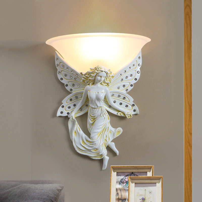 1 Light Wall Lighting Ideas Country Half-Bowl Opal Glass Wall Sconce in White/Gold with Right/Left Resin Angel Clearhalo 'Wall Lamps & Sconces' 'Wall Lights' Lighting' 1687531