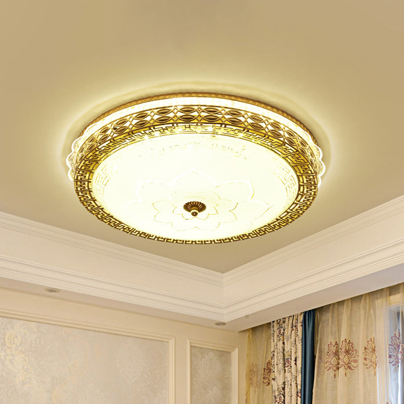 Gold LED Ceiling Fixture Antiqued Opaline Glass Pierced Drum Flush Light with Flower Pattern Gold Clearhalo 'Ceiling Lights' 'Close To Ceiling Lights' 'Close to ceiling' 'Flush mount' Lighting' 1687569