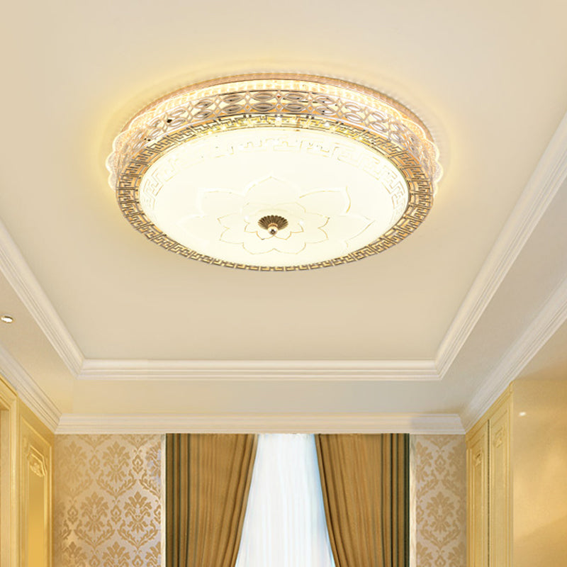 Gold LED Ceiling Fixture Antiqued Opaline Glass Pierced Drum Flush Light with Flower Pattern Clearhalo 'Ceiling Lights' 'Close To Ceiling Lights' 'Close to ceiling' 'Flush mount' Lighting' 1687570