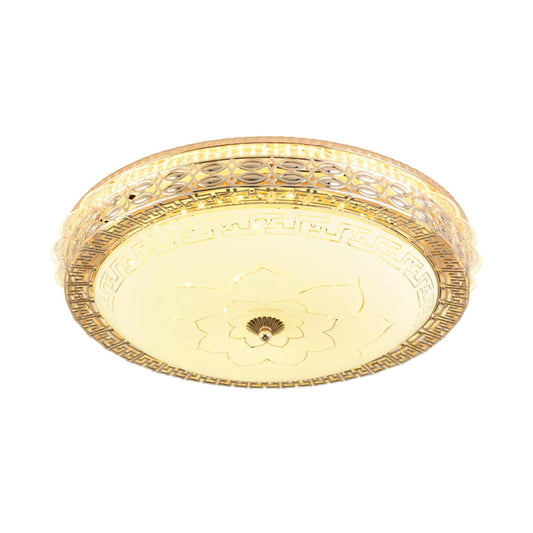 Gold LED Ceiling Fixture Antiqued Opaline Glass Pierced Drum Flush Light with Flower Pattern Clearhalo 'Ceiling Lights' 'Close To Ceiling Lights' 'Close to ceiling' 'Flush mount' Lighting' 1687571