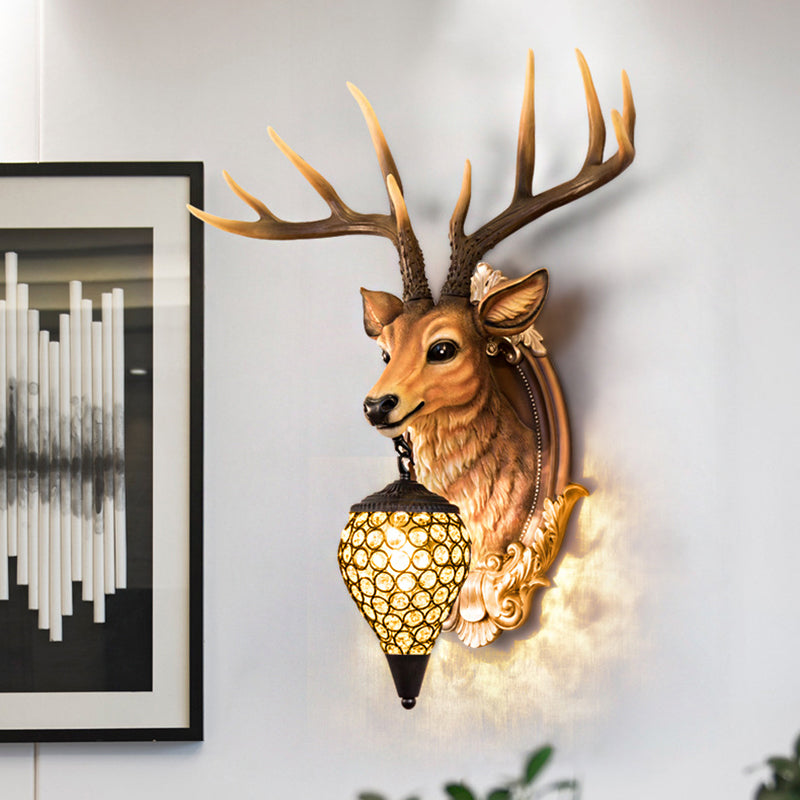 Resin Deer Shape Wall Mounted Light Cottage 1 Bulb Drawing Room Wall Sconce with Hand-Cut Crystal Shade in White/Beige/Orange Orange Clearhalo 'Wall Lamps & Sconces' 'Wall Lights' Lighting' 1687573