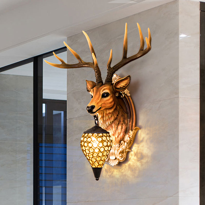 Resin Deer Shape Wall Mounted Light Cottage 1 Bulb Drawing Room Wall Sconce with Hand-Cut Crystal Shade in White/Beige/Orange Clearhalo 'Wall Lamps & Sconces' 'Wall Lights' Lighting' 1687574