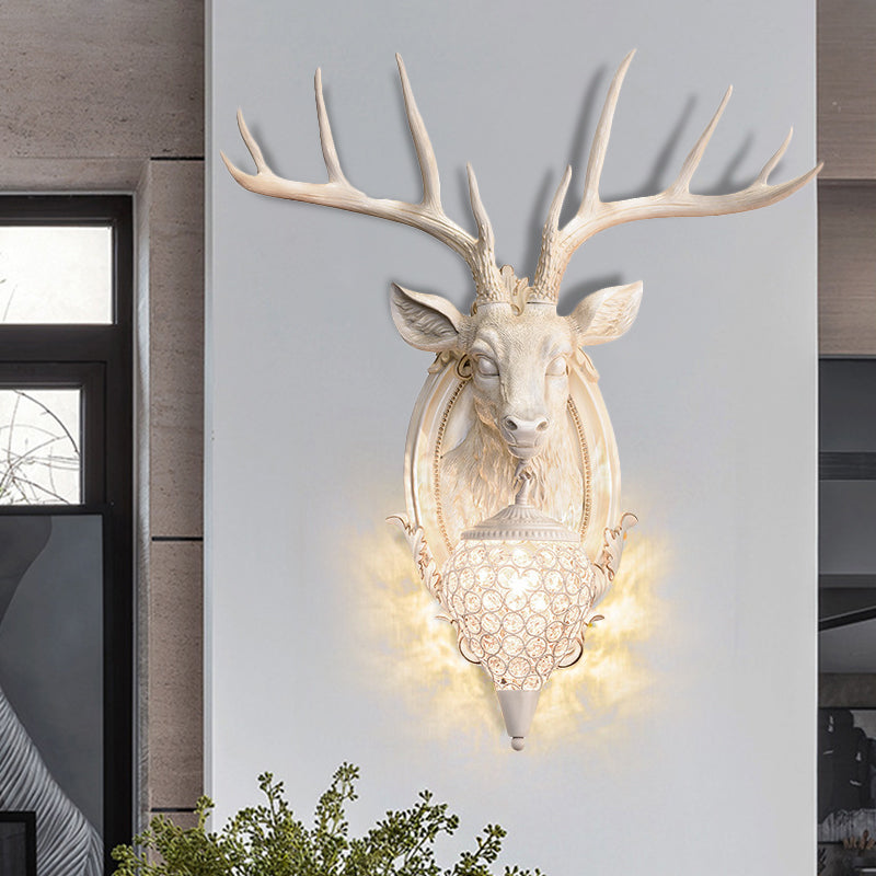 Resin Deer Shape Wall Mounted Light Cottage 1 Bulb Drawing Room Wall Sconce with Hand-Cut Crystal Shade in White/Beige/Orange Beige Clearhalo 'Wall Lamps & Sconces' 'Wall Lights' Lighting' 1687577