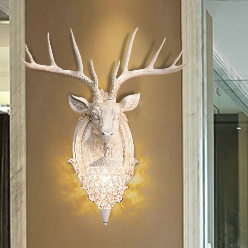 Resin Deer Shape Wall Mounted Light Cottage 1 Bulb Drawing Room Wall Sconce with Hand-Cut Crystal Shade in White/Beige/Orange Clearhalo 'Wall Lamps & Sconces' 'Wall Lights' Lighting' 1687578